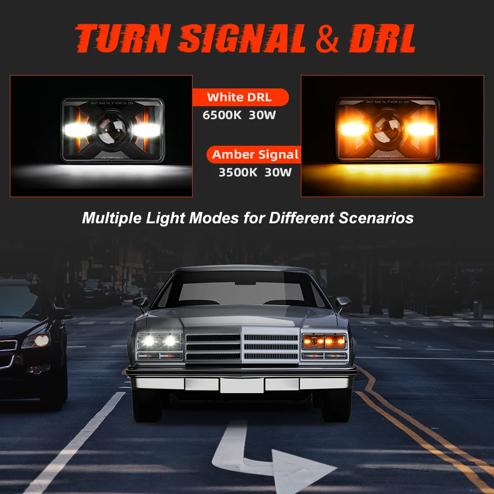 DOT 4x6 Square High Low Beam Rectangle LED Headlight Replaced  Driving Light off Road with Amber Turn Signal  for Car Pickup