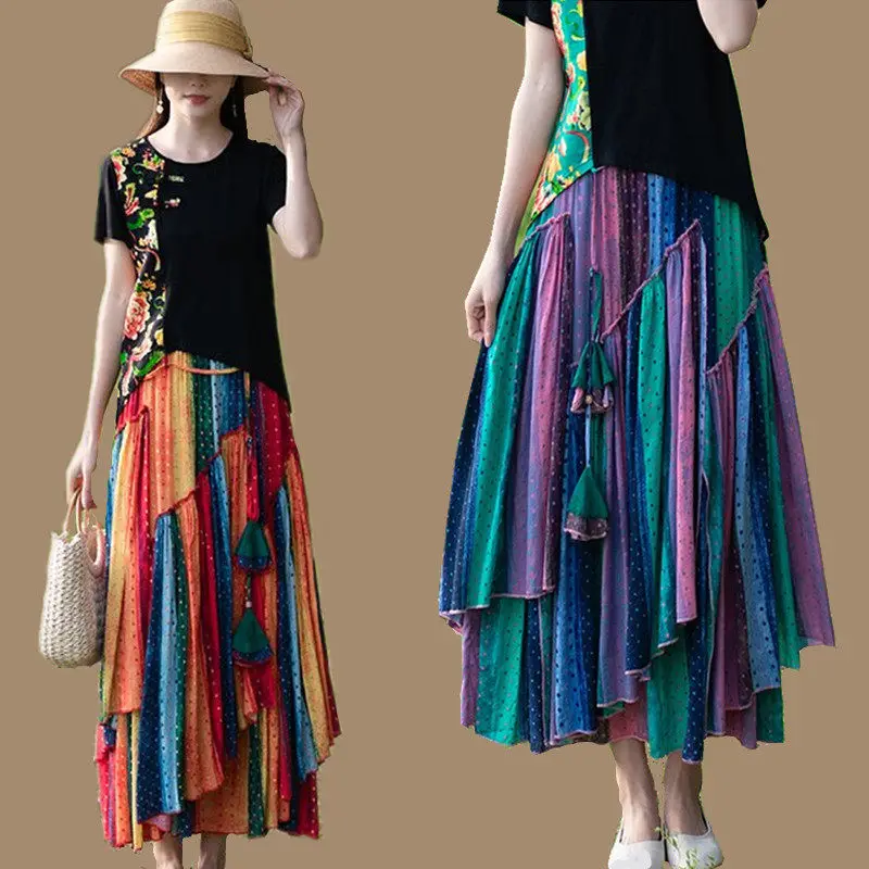 2022 Spring Summer Ethnic Style Retro Large Size Cotton And Linen Striped Skirt Irregular Women Faldas De Mujer Largas h868