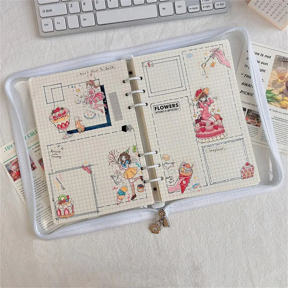 A5/A6 Diary Binder Flower Zipper Macaron Color Waterproof 6 Rings School Stationery Clear Loose Leaf Notebook Cover for Student