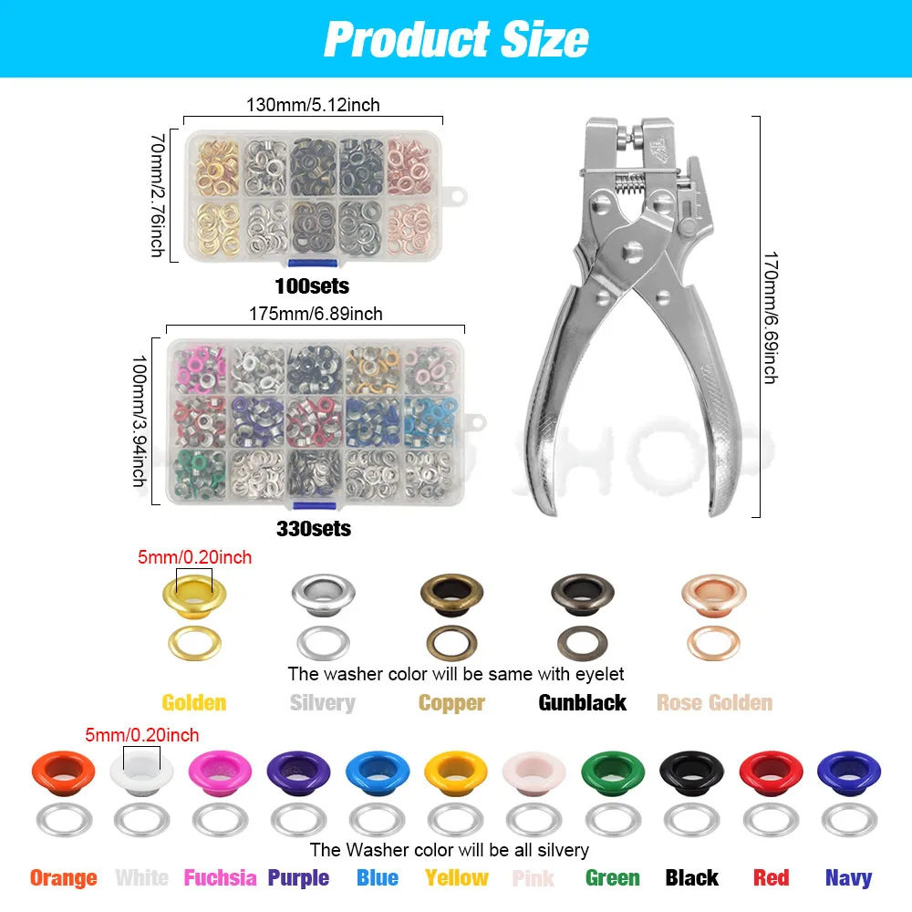 100/330 Stück 5mm Metallösen-Set mit Installationswerkzeugen, Lochzangen-Set für Lederarbeiten, Schuhe, Gürtel, Taschen, Kleidung – Detail 2