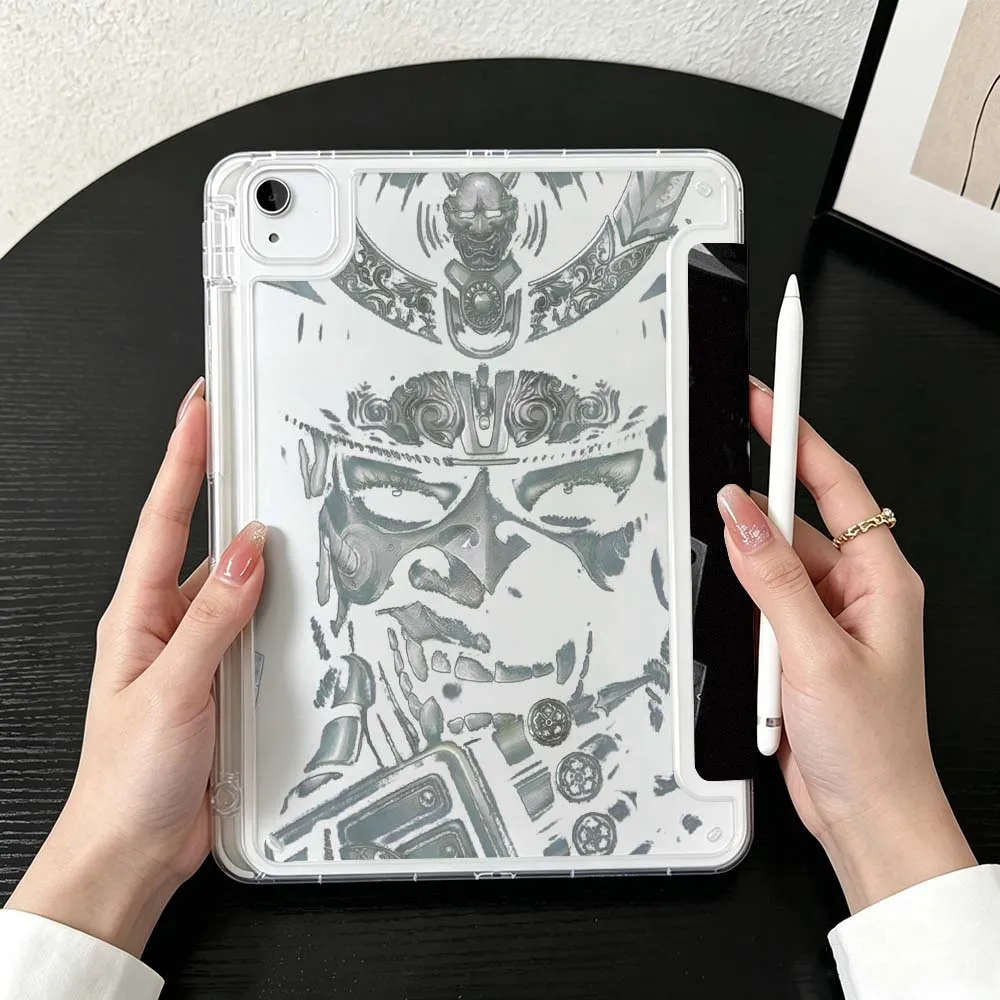 Japanese Oni Mask Art For iPad Mini Pro Air 5 6 7 8 9 10th 11th 11 9.7 10.9 13 inch Transparent Y-Shaped Folding Tablet Case