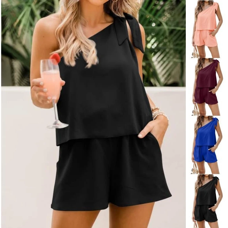 Women's One-Piece Suit Asymmetrical Collar Elastic Waist Single Shoulder Wide Leg Loose Fit Summer Fashion Polyester Fabric