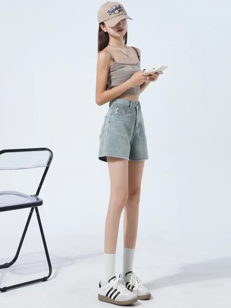 Light-colored Raw Edge Denim Shorts For Women Summer New High-waist Slim Design Hot Girl A-line Wide-leg Hot Pants