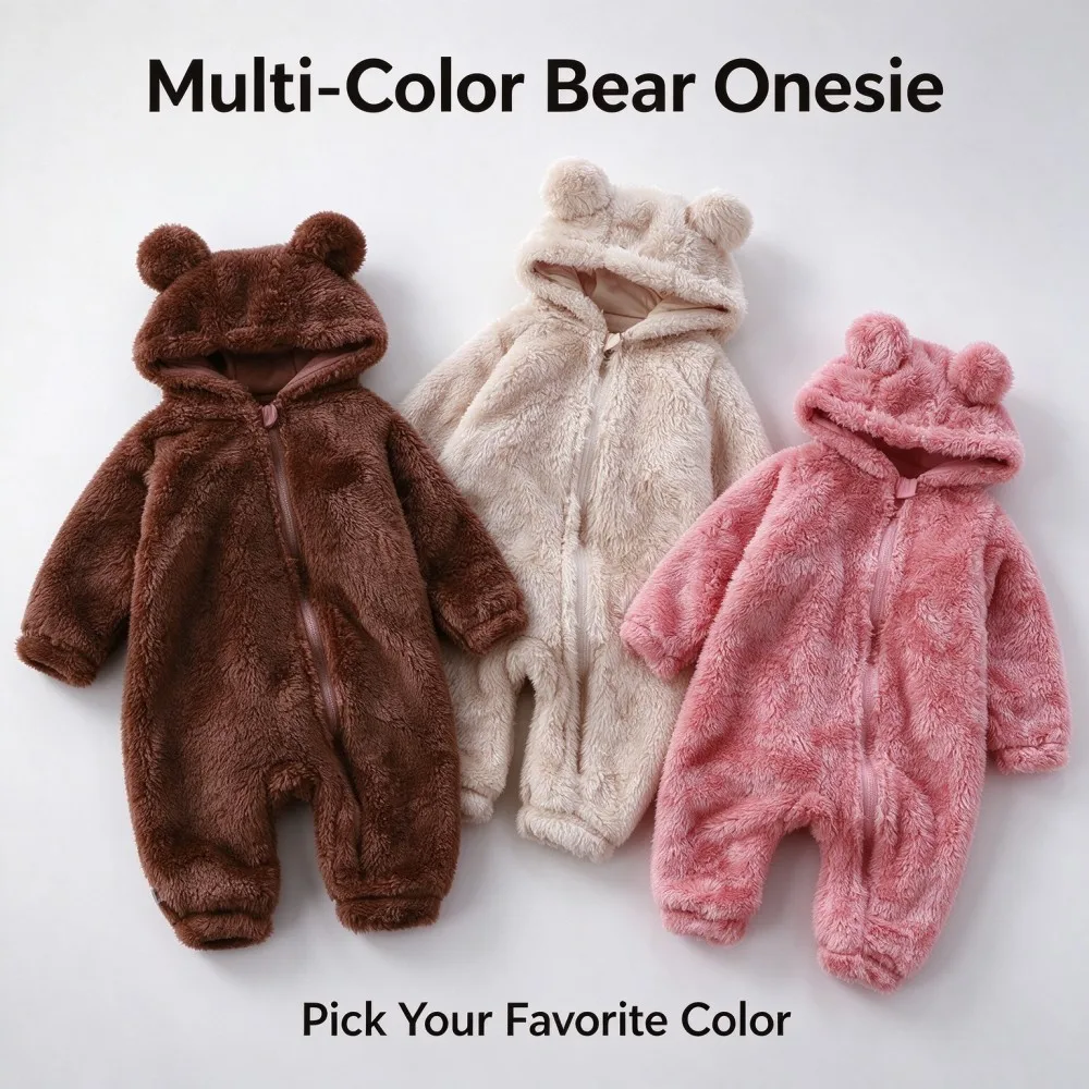 Cute Teddy Bear Baby Onesie Soft Coral Fleece Hooded Romper Zipper Infant Toddler Autumn Winter Warm Bodysuit Photo Costume