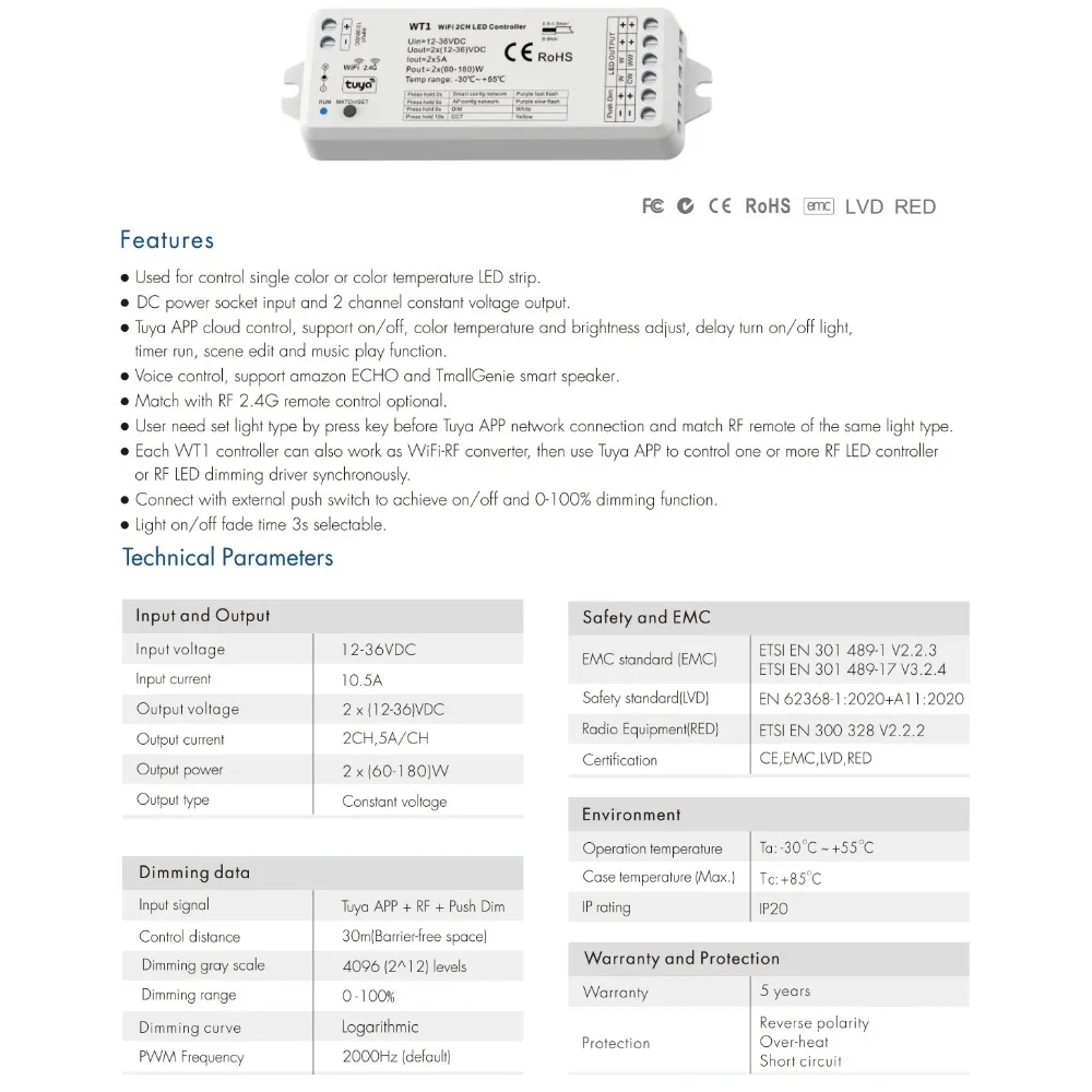 Imagem -05 - Tuya wi fi Inteligente Led Dimmer Wt1 rf 2.4g Toque Remoto Escurecimento Dc12v36v 5050 Cob ww cw Cct Conduziu a Luz de Tira para Alexa Google 2ch