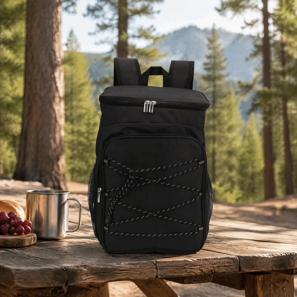 Oxford Cloth and PEVA Insulated Backpack Chest Buckle Straps Side Pockets Cooler Backpack Black Insulated Cooler Bag