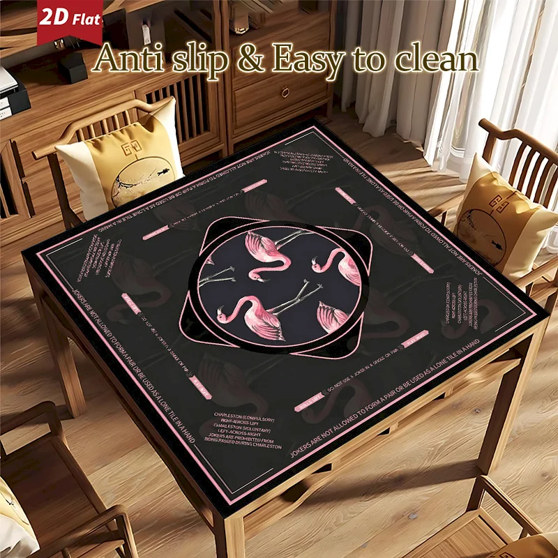 VIKAMA Black Background Pink Flamingo Pattern Printed Mahjong Table Mat Anti Slip Noise Reducing Absorbent Pad Home Decoration