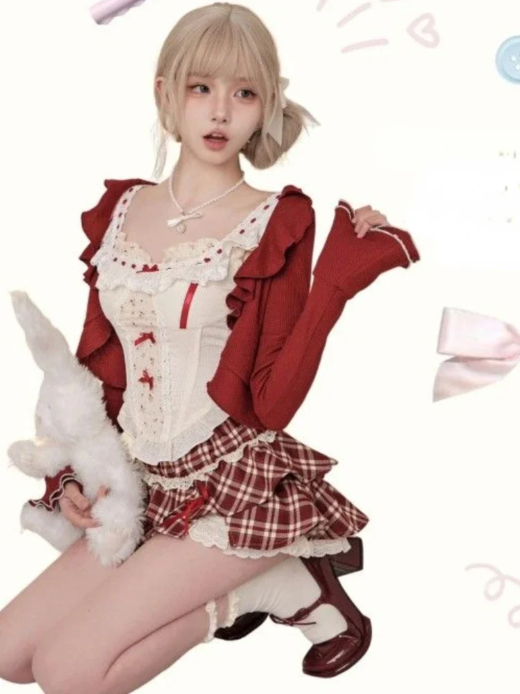 

New Red Plaid Skirt 3 Piece Set Outfits Lolita Japanese Style Sweet Suit Shot Cardigan + Slim Lace Vest + Y2k Mini Skirt
