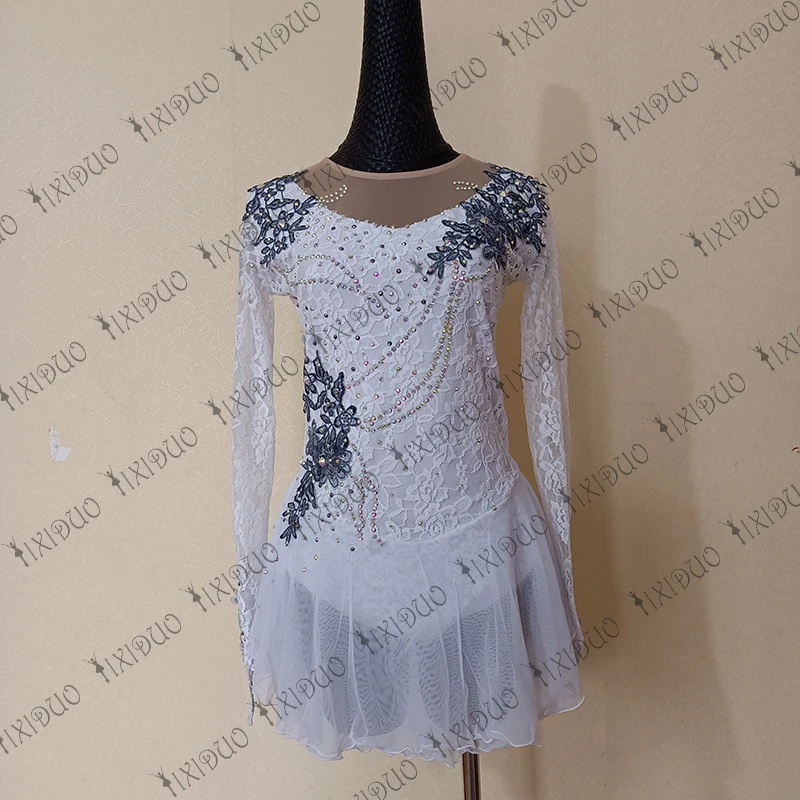 Women Child White Lace Figure Skating Dress Rhinestone Long Sleeve Leotard Ice Skating Dress Dance Costume Performance Clothing