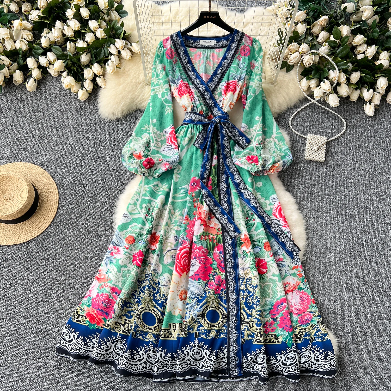 

Fashion Autumn Long Dresses Woman 2024 New Full Sleeve Print V Neck Vintage Vacation Dress Vestidos De Fiesta Elegant Robe Femme