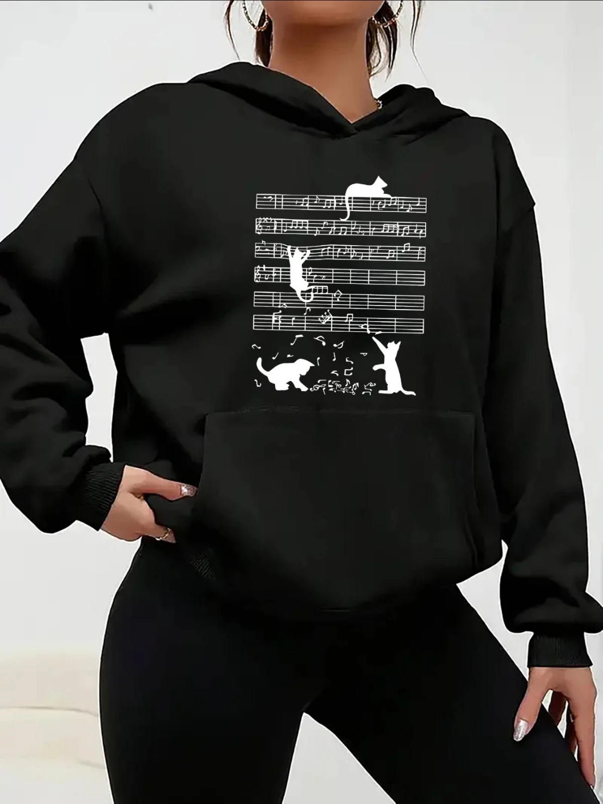 Music Enthusiast Women's Music Cat Pattern Hoodie - Fashionable Music Note Casual Shirt Music Enthusiast Hoodie