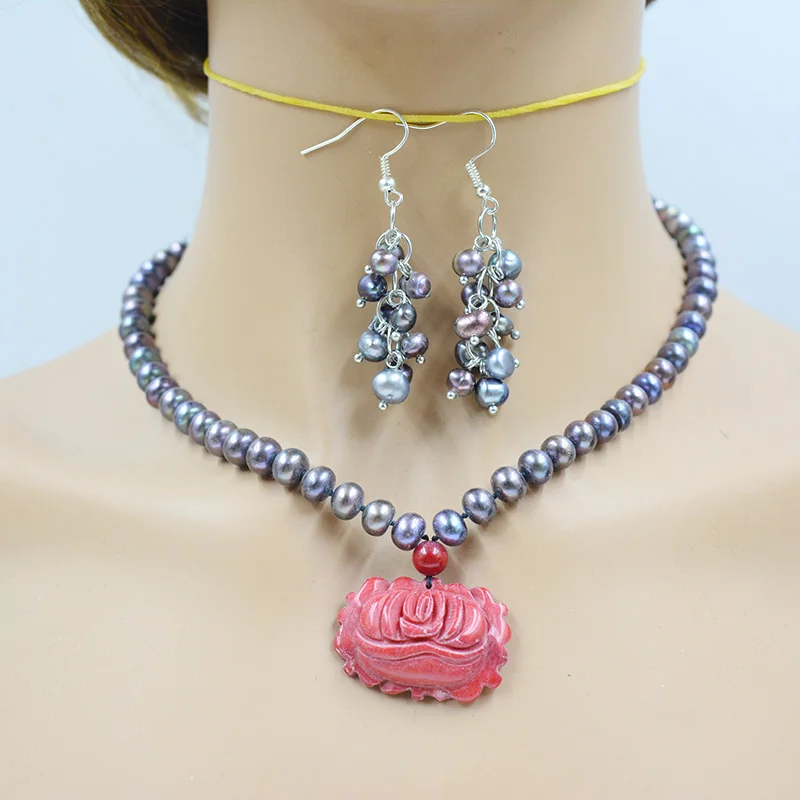 

6MM AAA Natural Black Freshwater Pearl/Coral Pendant Necklace Earring Set 18”