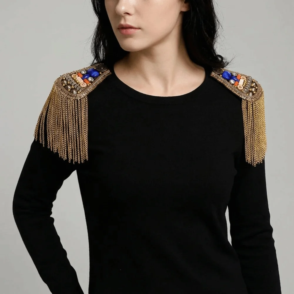Retro Epaulet Tassel Chain Shoulder Board Brooch Shoulder Flash Fringe Shoulder Mark Pin Cool Beads Epaulette Girl