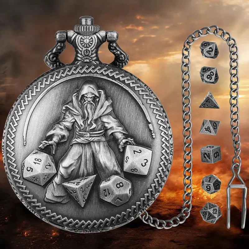 Set di dadi con orologio da tasca Shell Set di dadi piccoli con bordi quadrati 7X Dadi poliedrici Dadi in metallo multifaccia per giochi di ruolo