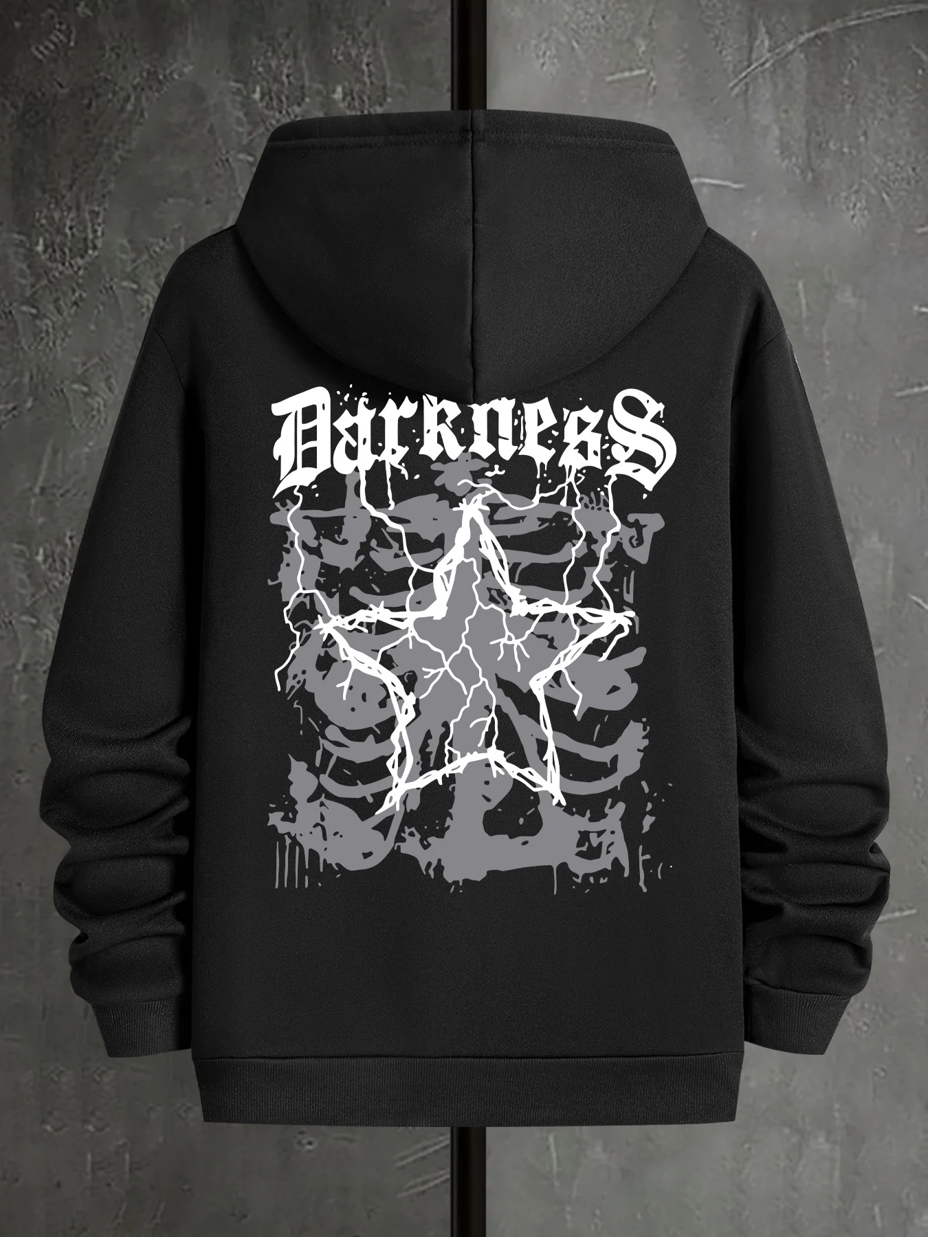 

Men's and Women's Gothic Style Pattern Hooded Sweatshirt - Black with White "Dark" Text and Skull Star Design