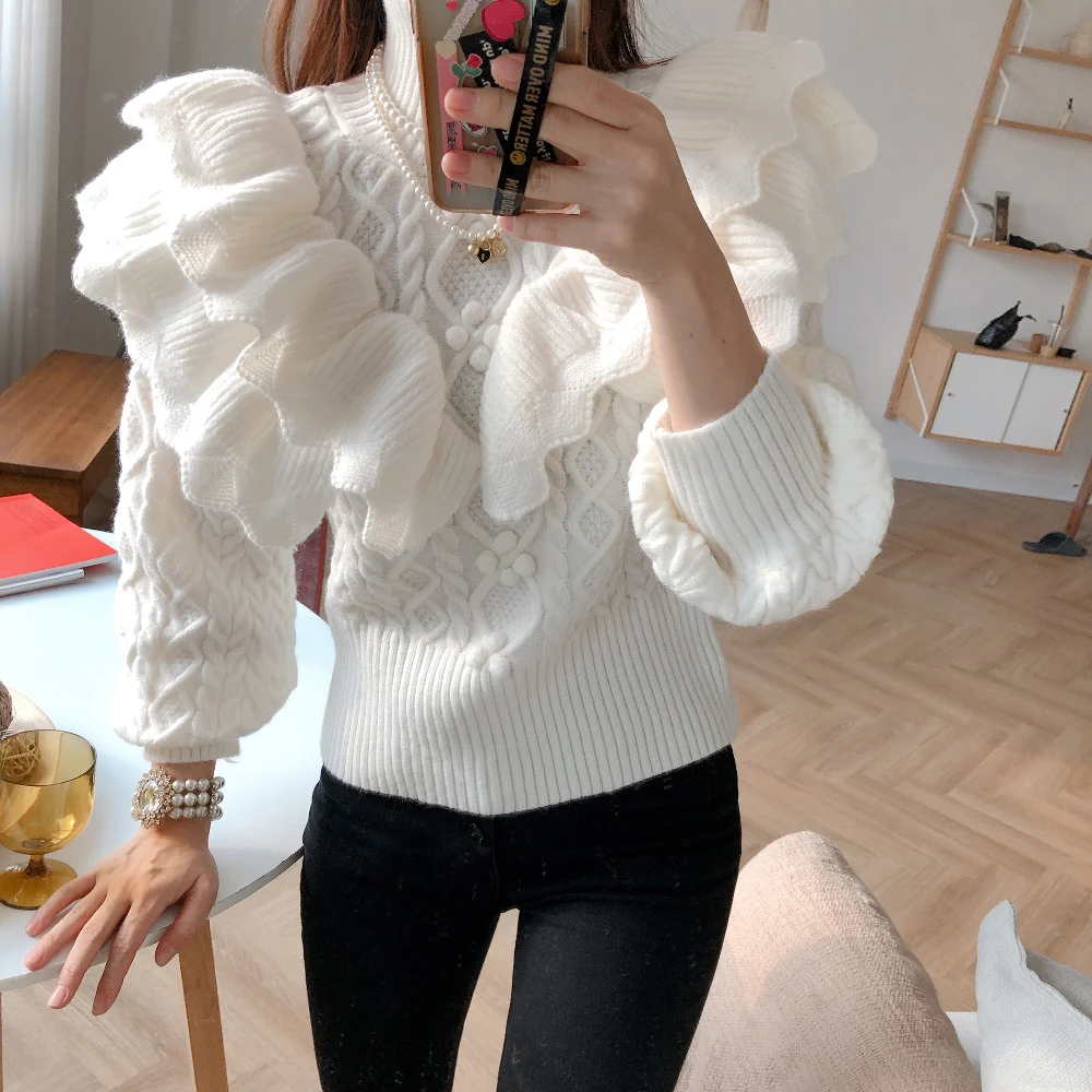 Ruffles Design England Style Turtleneck Outfit Sweater Women Spring Autumn Winter Ladies Elegant Party Pullovers Dropshipping