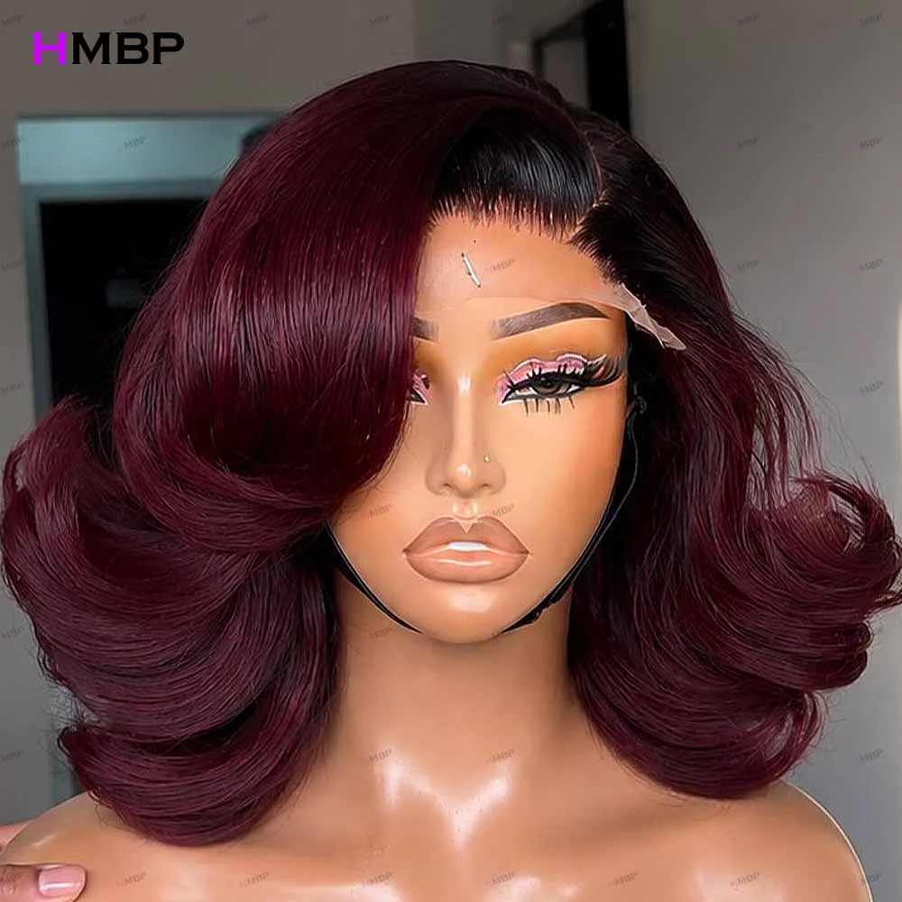 1B/99J Burgundy Color Bouncy Curly 100% Human Hair 13x4 HD Transparent Lace Frontal Wig 400 Density 18 Inch For Women PrePlucked