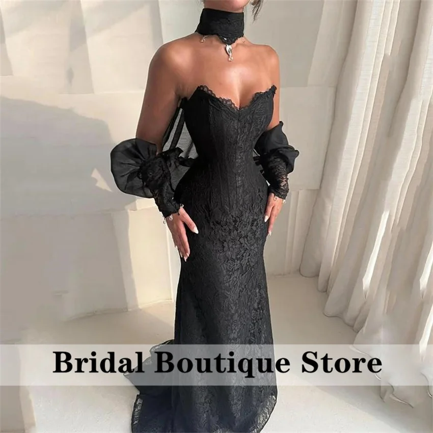 우아한 인어 블랙 댄스 파티 드레스 레이스 Strapless 민소매 웨딩 파티 가운 바닥 길이 이브닝 드레스 맞춤형