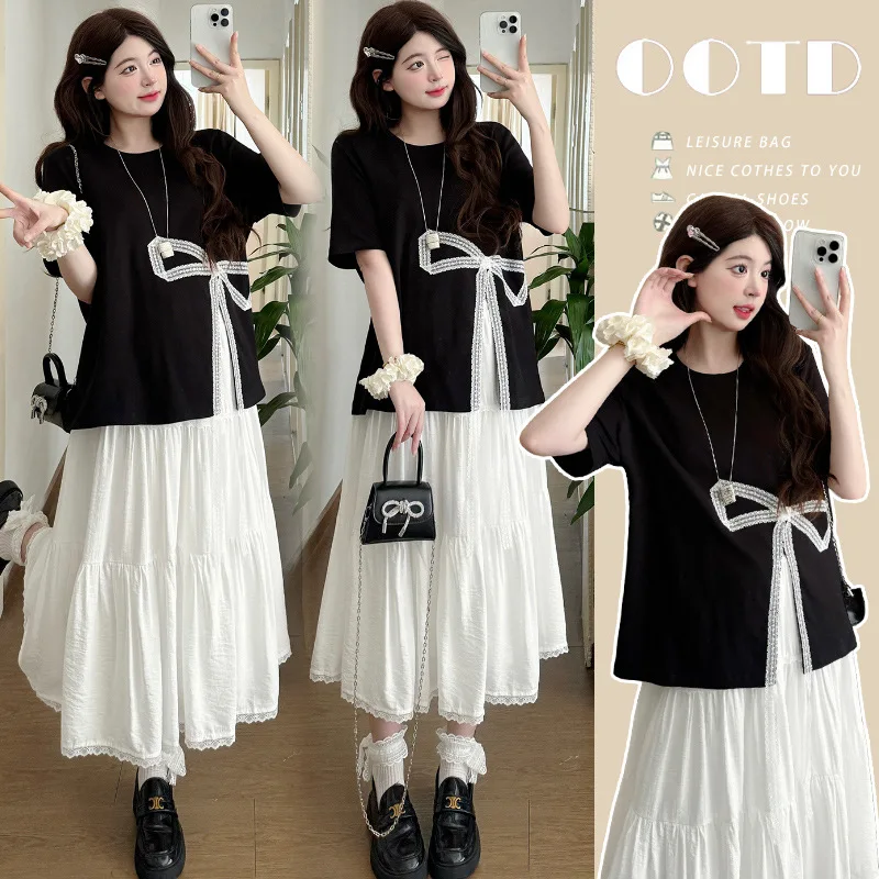 

2025 Pregnancy Outfit Set - Airy Bow-Front Top & Sheer Lace Midi Skirt, Breathable Korean-Inspired Summer Maternity Wear