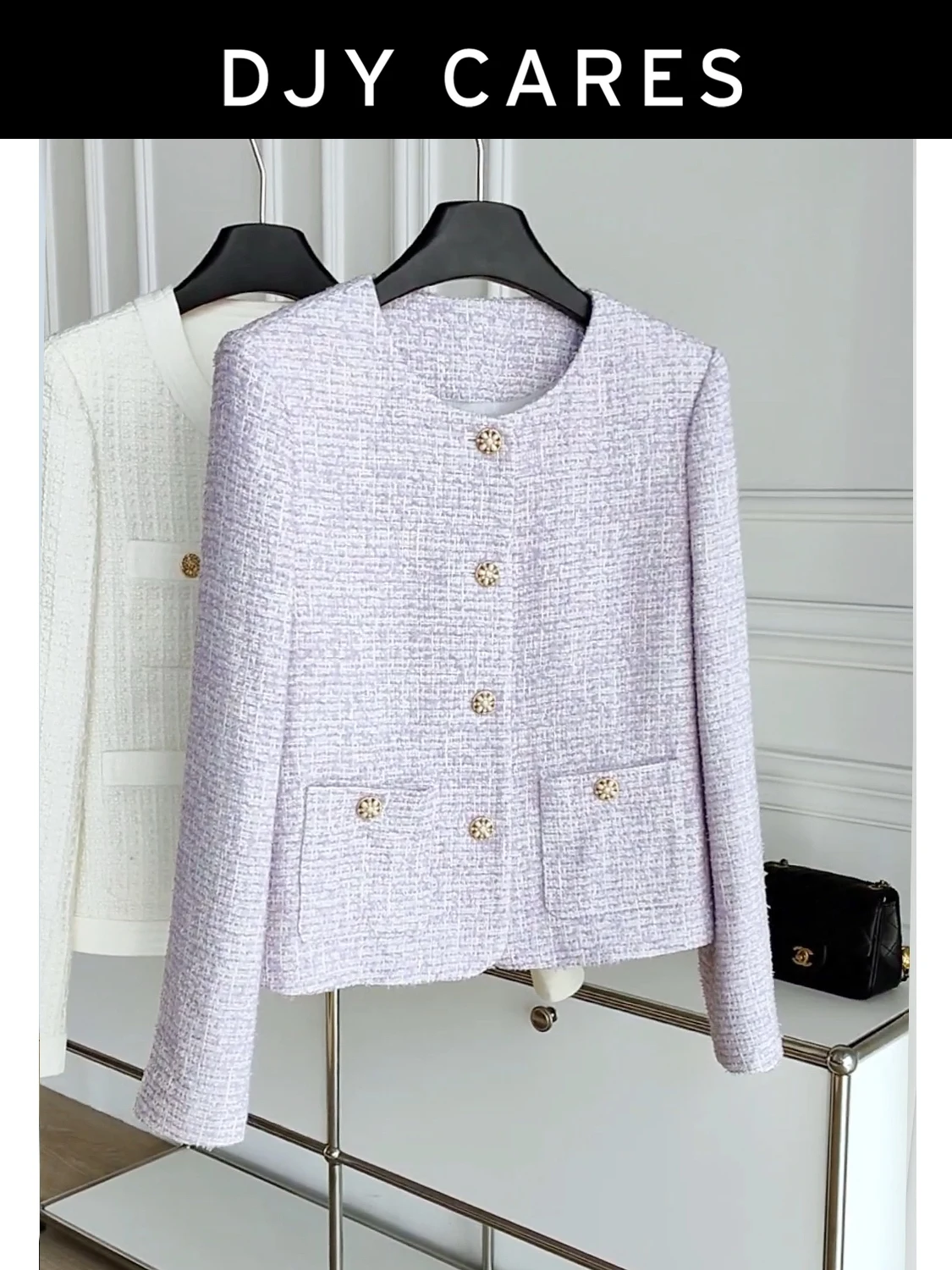 

New Rough tweed elegant purple jacket round neck romantic top