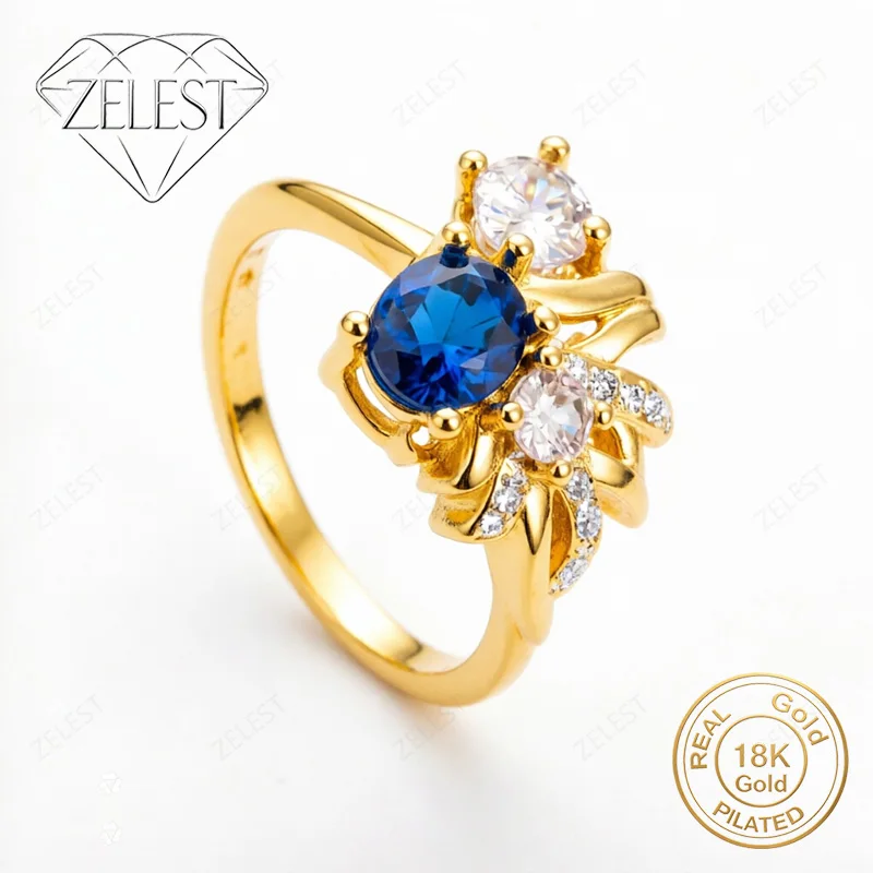 

925 Silver 18K Gold Plated Luxury Blue Zircon Ring Women Fashion Party Favor Accessories Jewelry