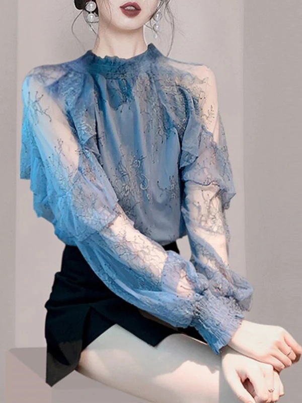 

Elegant Lace Base Shirt Fashionable Mesh Design Sweet Commute Style Long Sleeve Stand Collar Korean Version Daily Wear