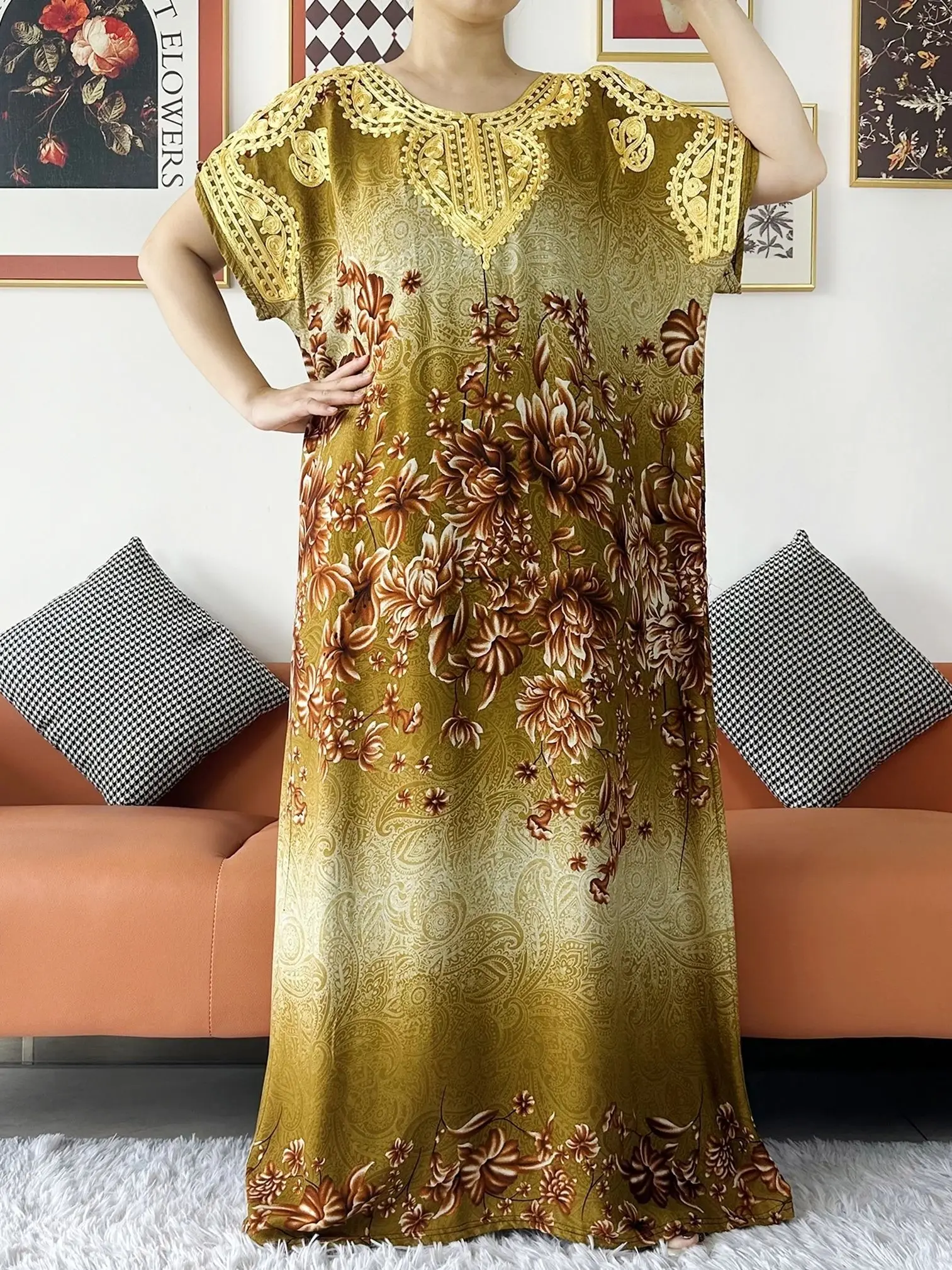 2024 Muslim Women Caftan Short Sleeve Dress Embroidery Cotton kaftan Loose  Summer Abaya African dresses for women