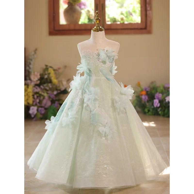 

2026 Children Girls Green Birthday Evening Dress Costume Kids Host Piano Performance Tulle Princess Gown Pageant Flower Girl