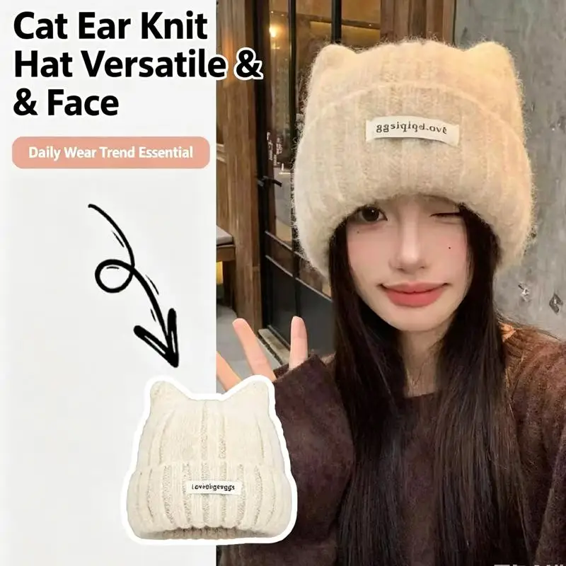Cat Ear Beanie for Women Winter Warm Ear Protection Hat Solid Color Woolen Crochet Bonnet Sweet Girl Knit Pullover Cap Skullcaps