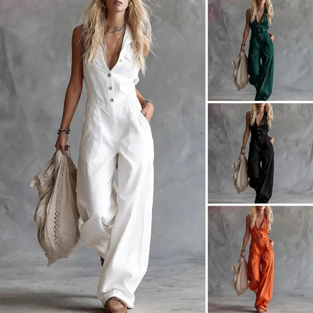 

Summer Women V Neck Sleeveless Front Button Casual Loose Wide Leg Pants Ladies Long Romper Overall With Dual Pockets