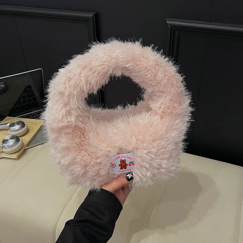 Women's Cute Hand Bag Winter New Korean-style Fleece Handbag Solid Color Stylish New Tote Bag Daily Stroll Fuzzy Wristlet Bag