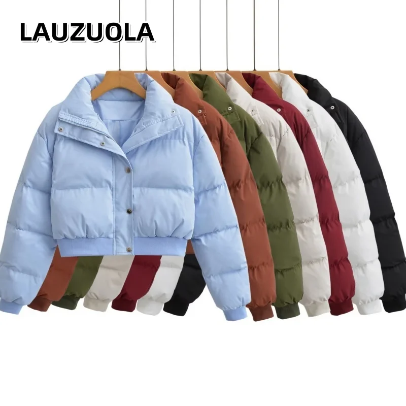 Casual Thickened Warm Cotton Jacket Women's Autumn Winter Stand-Up Collar Zipper Elastic Waist Short Cropped Jackets Women Coat