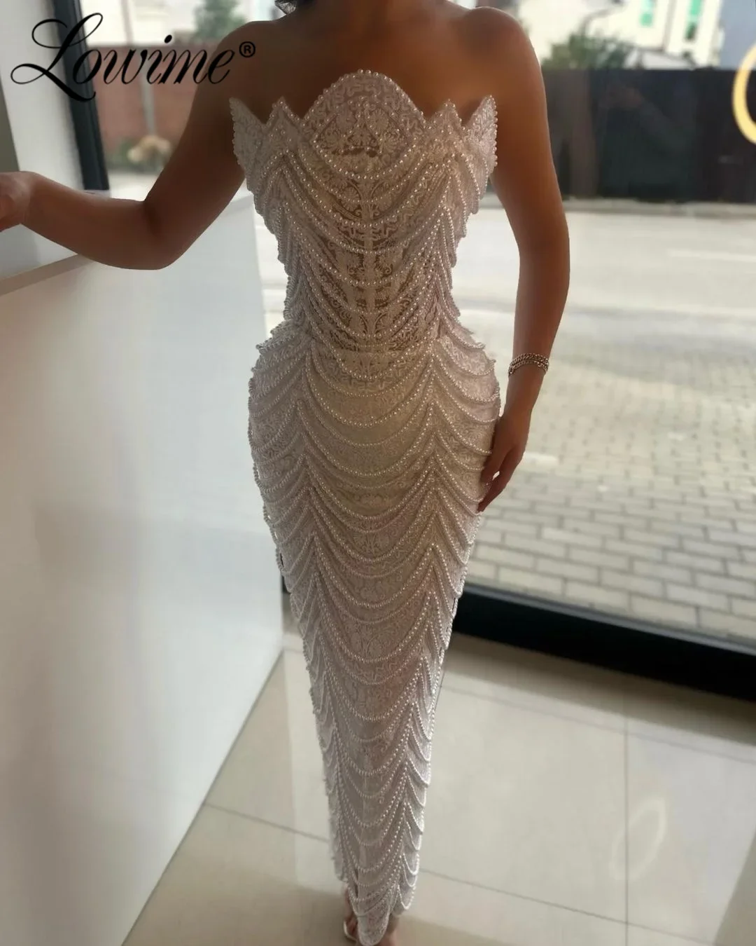 customized Saudi Luxury Evening Dresses Pearl Strapless Lace Party Gowns Floor Length Beading Tassels Prom Dresses For Wedding