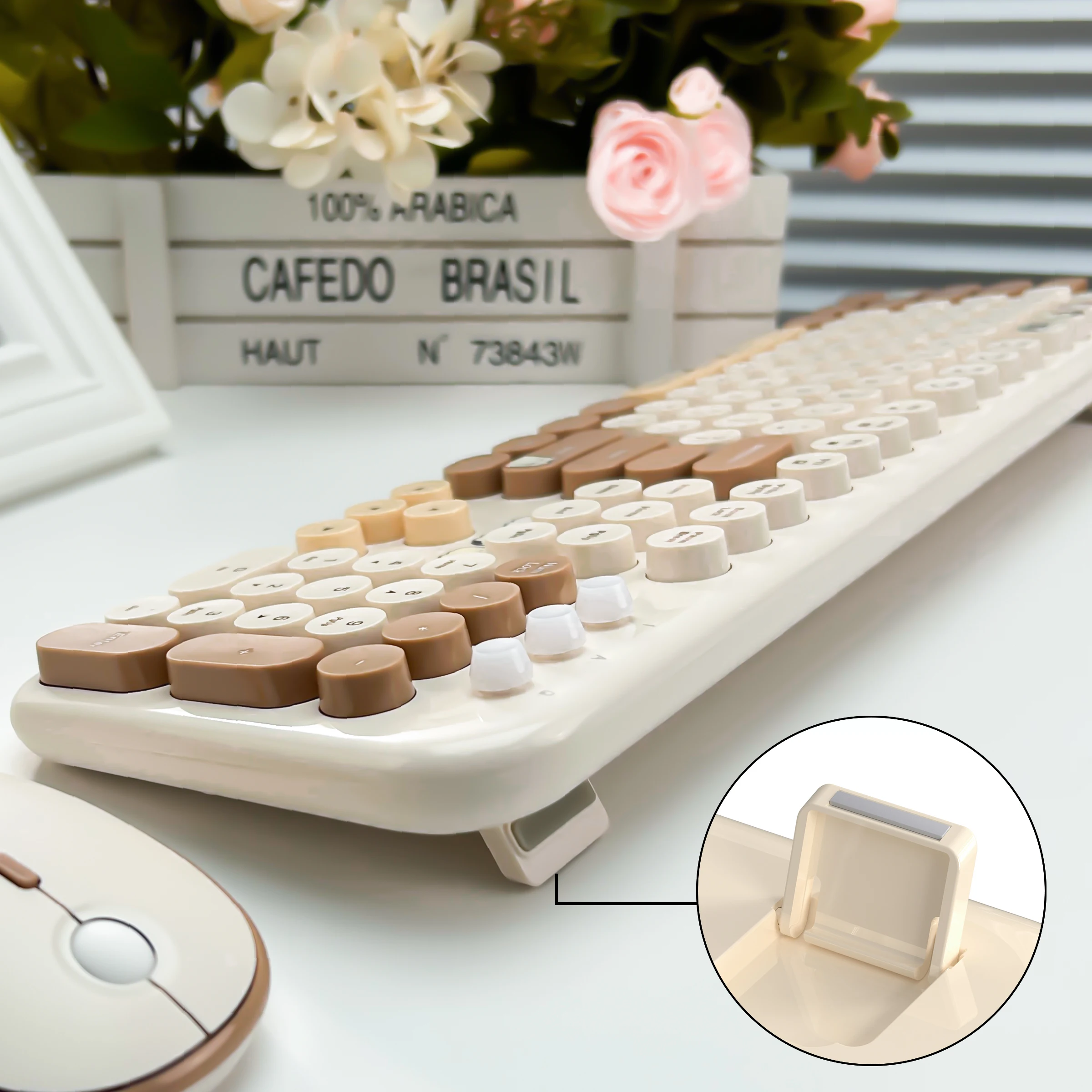 MOFii Milk Coffee Color Block Cute Cat Wireless Keyboard Mouse Combo, Retro Round Keycaps Ergonomic Set for Laptop Desktop