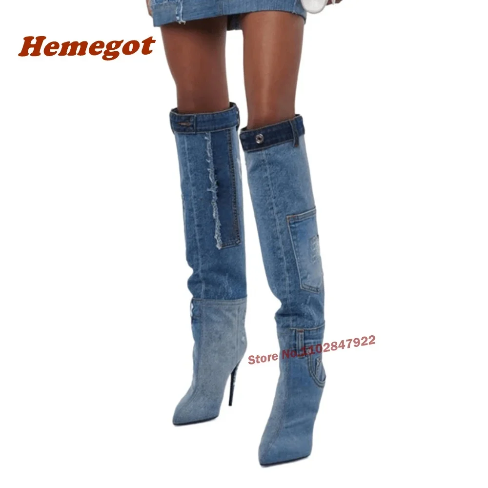 

Джинсовые синие сапоги на высоком каблуке с карманами, сапоги выше колена с острым носком, зимняя обувь на шпильке с бахромой для подиума для женщин