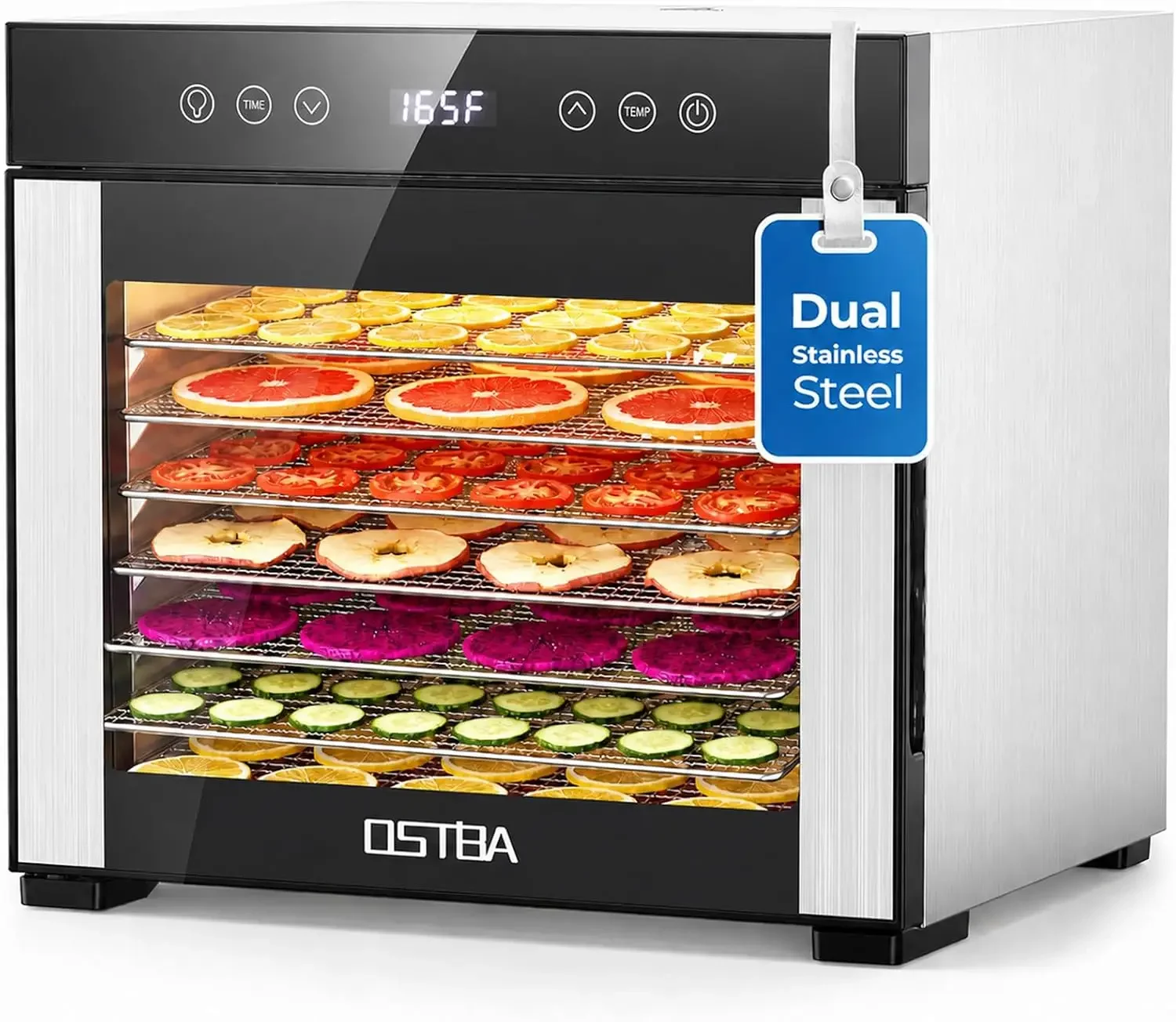 Food Dehydrator, 8 Stainless Steel Trays, 95-165℉ Adjustable Temperature, 48h Digital Timer, Double-Layer Food Dryer