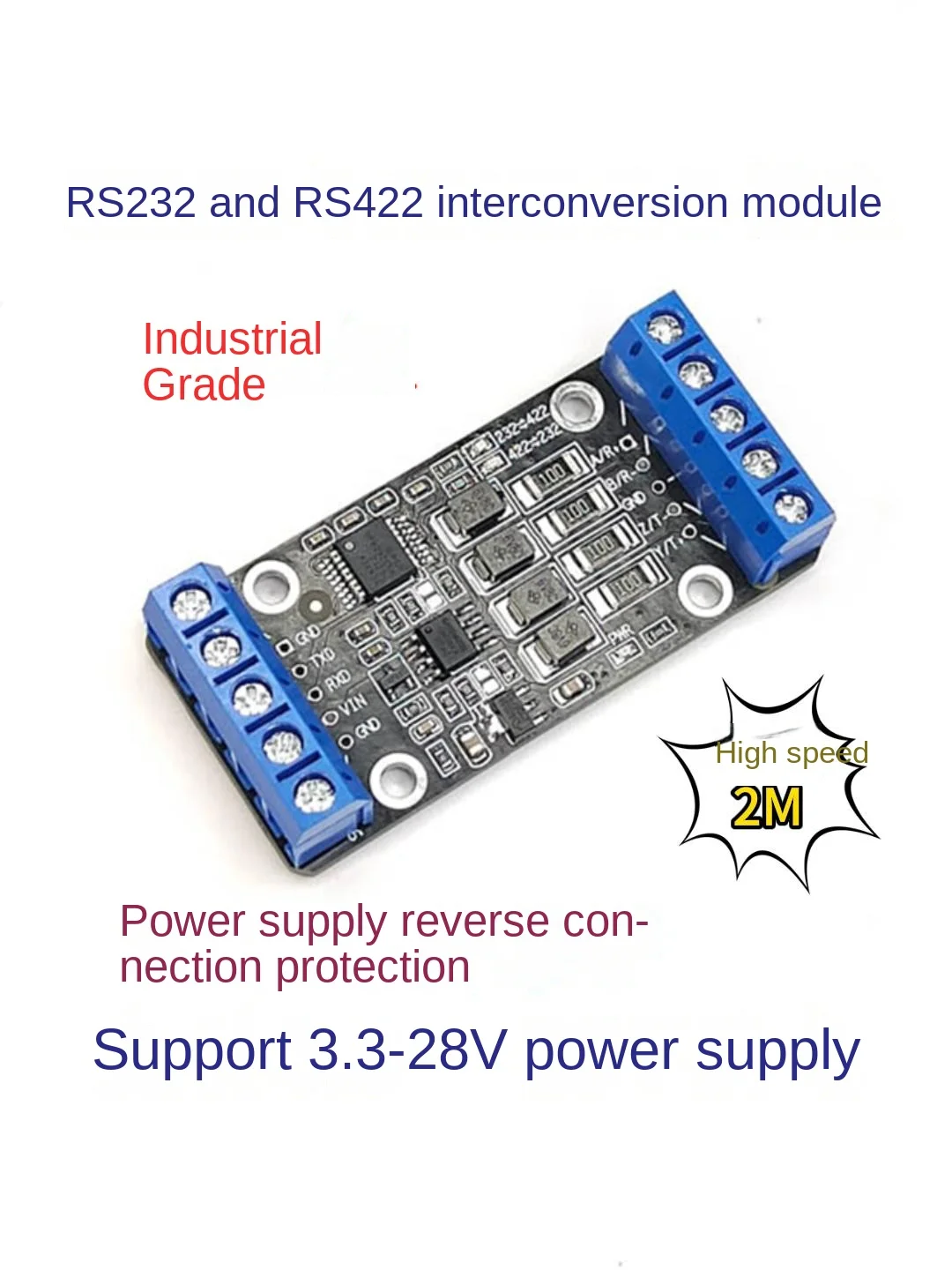 2M high-speed RS232 to RS422 module board industrial grade reverse connection protection 3.3V5V9V12V16V24V power supply