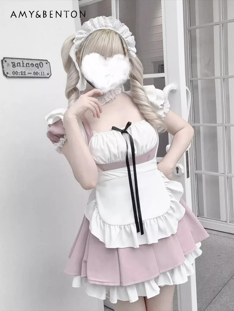 

Japanese Harajuku Style Mass-Produced Maid Costume Anime Subculture Apron Cute Bow Tutu Sleeve Slim Puffy Dress Two-Piece Set