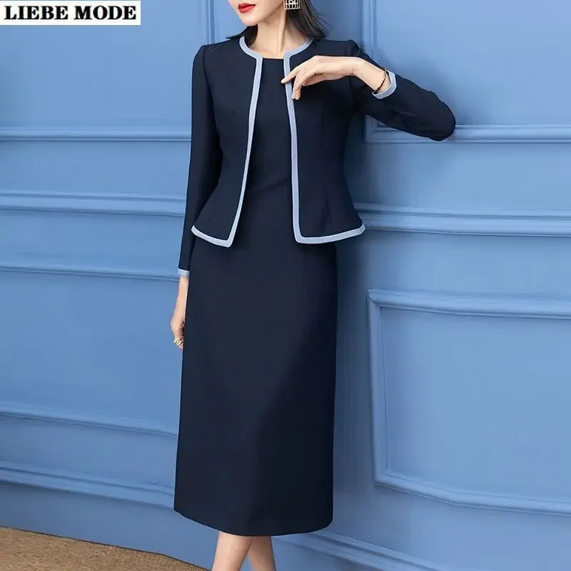 

Two Piece Set Women Outfits Autumn Female Vintage O-neck Short Cardigan Jacket Coat and Sleeveless Dress Suit Office Work Wear