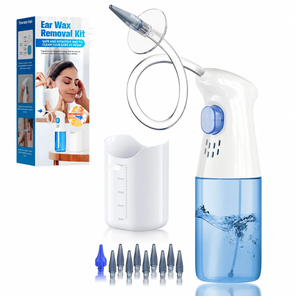 Manual Ear Washer, Automatic Water Flow Adjustment, With Waste Water Collection Box, 2 Nozzle Modes (Single Jet / Multi Jet), Includes 11 Nozzles, Safe At-Home Ear Cleaning Device
