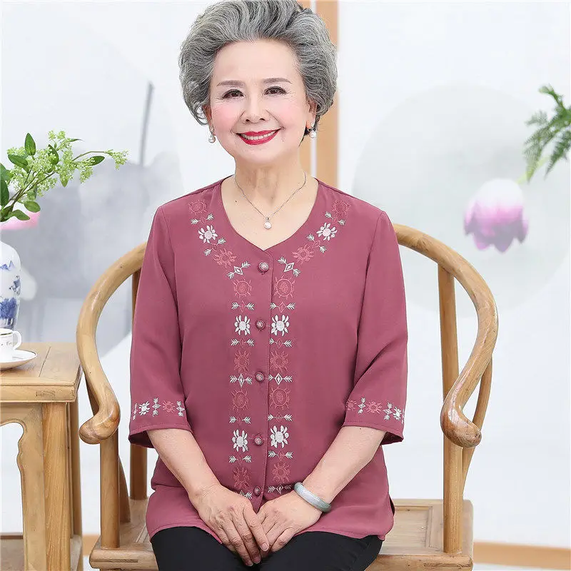 Grandma Clothes Spring Summer O-Neck Blouse Mother Three Quarter Sleeves Chiffon Shirts Elderly Women Blusa Embroidery Tops Sets