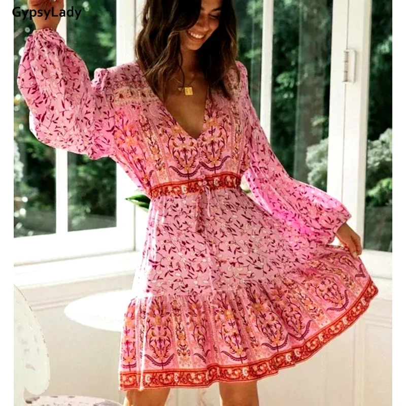 GypsyLady Pink Vintage Floral Dresses for Women Boho Hippie Mini V-neck Sexy Button Front Long Sleeve Ruffles Dress New