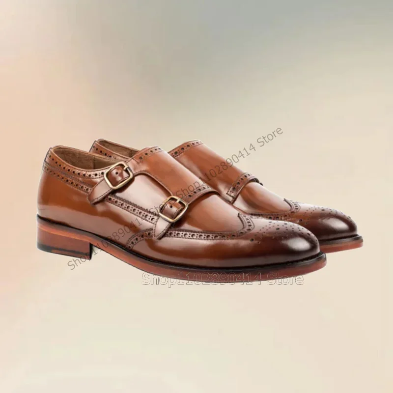 

Brown Carving Design Buckle Decor Double Monk Men Shoes Fashion Slip On Male Shoes Luxury Handmade Party Office Men Dress Shoes