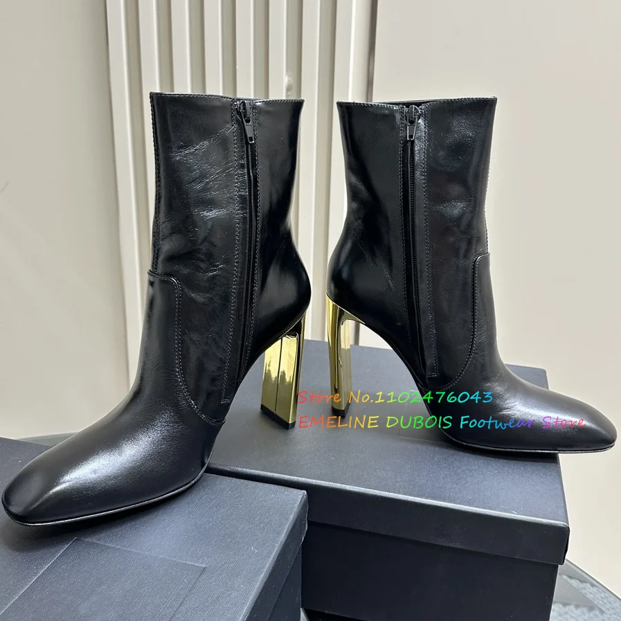 Leather Square Toe Ankle Boots Metal Heel Side Zipper Designer Brand Luxurious High Heel Sewing Black White Brown Chelsea Boots