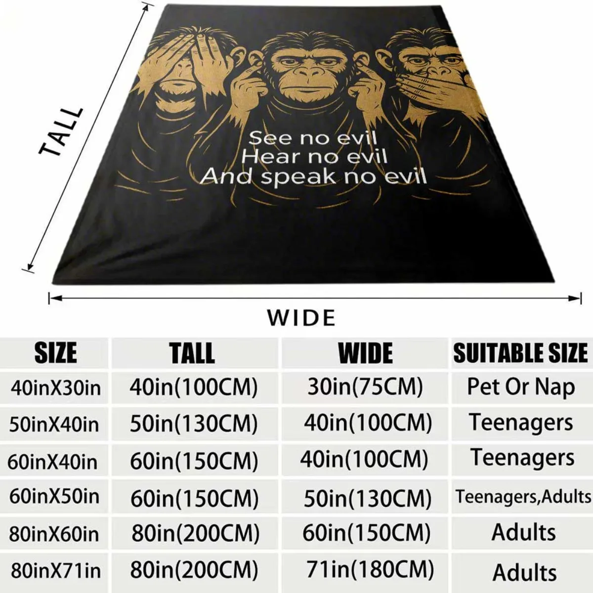 Vintage Three Wise Monkeys Pattern Flannel Blanket Lightweight Warm Plush Throw Blanket Classic Monkey Motto Art Decor Blanket