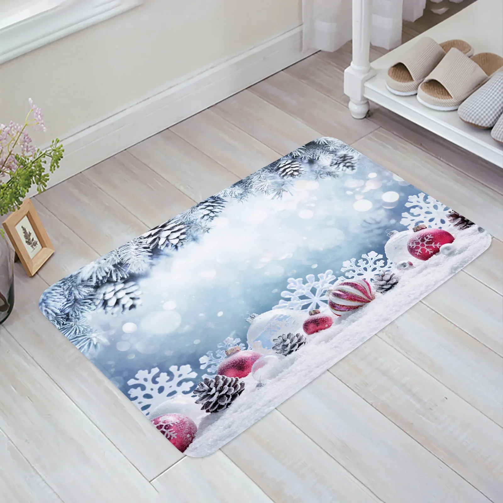 Christmas Snow Snowflakes Leaves Pine Cones Decoration Kitchen Doormat Bedroom Bath Floor Carpet Door Mat Area Rugs Home Decor