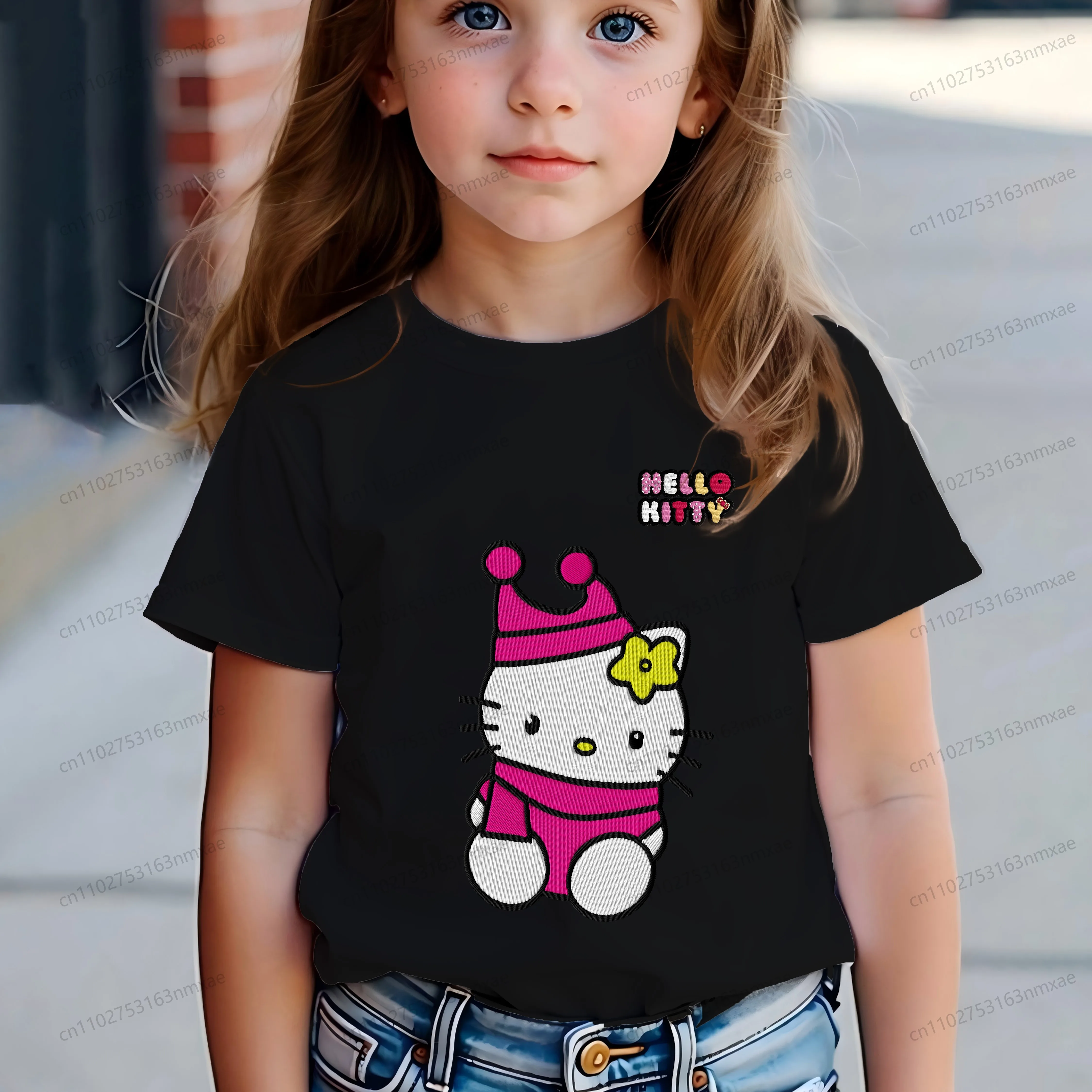 

Children Top Embroidery Hello Kitty T-shirt for Girls Top Girls' Summer Clothes Pure Cotton 2025 Kids Crew Neck Girl Texture New