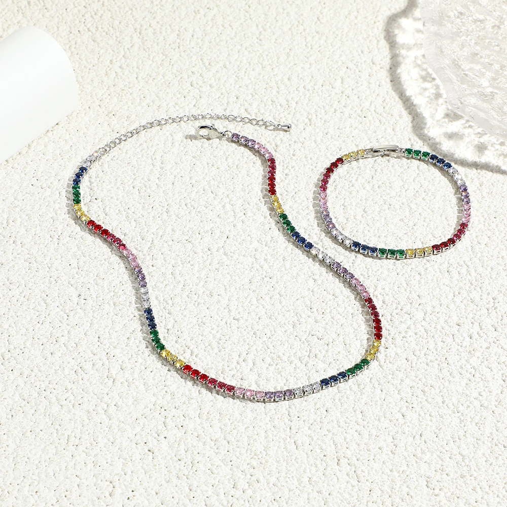 2024 Colorful Rainbow CZ Tennis Chain Bracelet Necklace Micro Pave Red Pink Purple CZ Gold Plated Fashion Wedding Set Jewelry