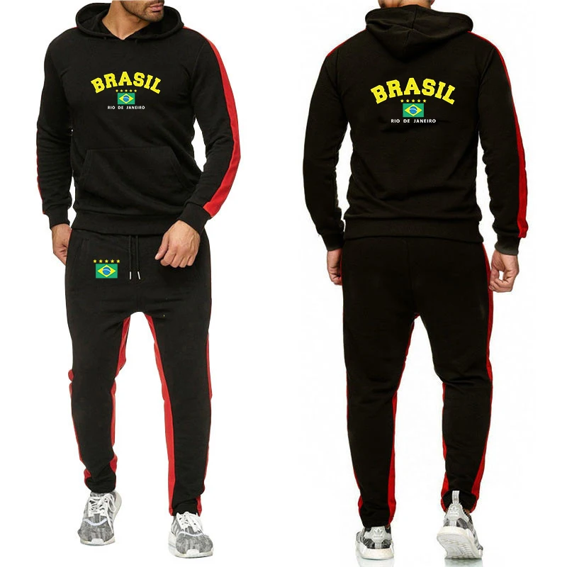 

Brazilian flag star logo Men's solid-color two-piece set (long-sleeved top + long pants) is suitable for spring and autumn