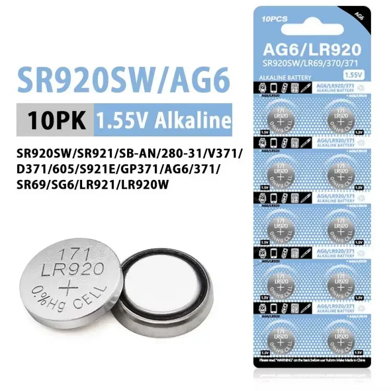 10PCS AG6 32mAh LR921 Button Pilas Batteries SR920SW LR920 LR69 171 370A 371A SR921 1.5V Alkaline Cell Coin Battery